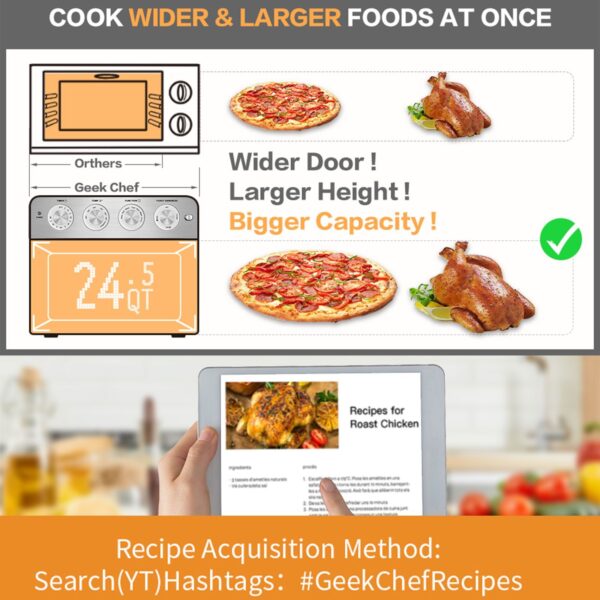 Geek Chef 26QT (26L) Air Fryer Toaster Oven Combo – 6 Slice, Oil-Free Fry, Roast, Bake, Broil, Reheat | Convection Countertop Oven, Stainless Steel - Image 5